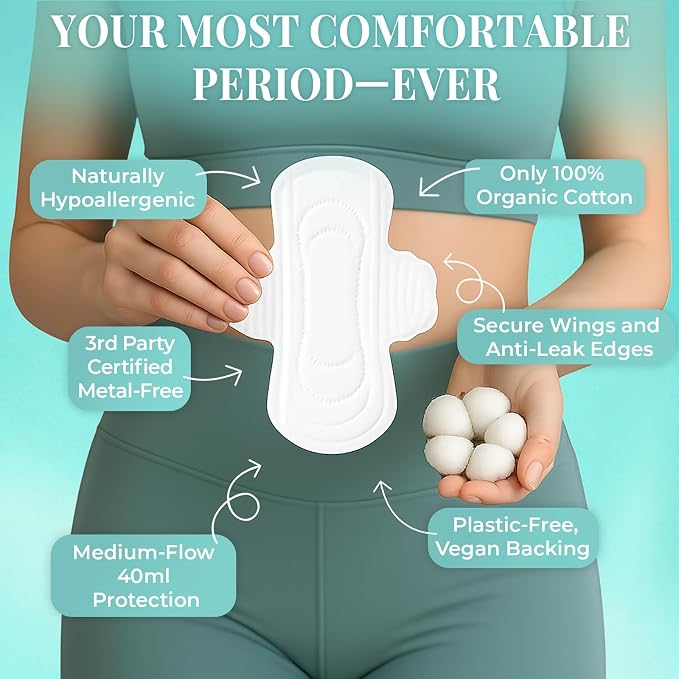 Tampon Tribe Organic Cotton Pads for Teens | 48 Absorbent Period Pads with Wings | 100% Organic Cotton, Hypoallergenic, Metal and Chemical-Free with Anti-Leak Edges | 48 Count - Teens