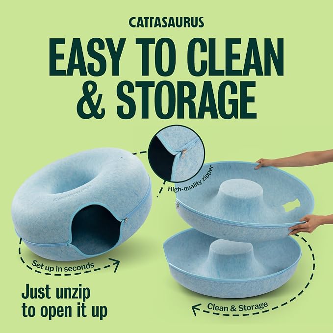 Peekaboo Cat Cave Donut for Multiple & Large Cats up to 30-45 lbs, 3-in-1 Self Warming Cat Bed, Tunnel & Scratcher for Indoor Cats, Washable & Detachable Small Dog Bed (Blue, Jumbo)