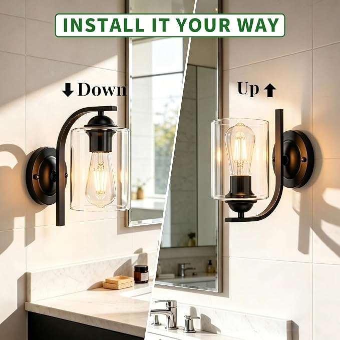 Wall Sconces Lights Lamp for Bedroom Bathroom, Modern Vanity Light Fixtures, Matte Black Farmhouse Wall Mount Lighting Lanterns with Clear Glass Shade for Living Room Mirror Hallway Kitchen