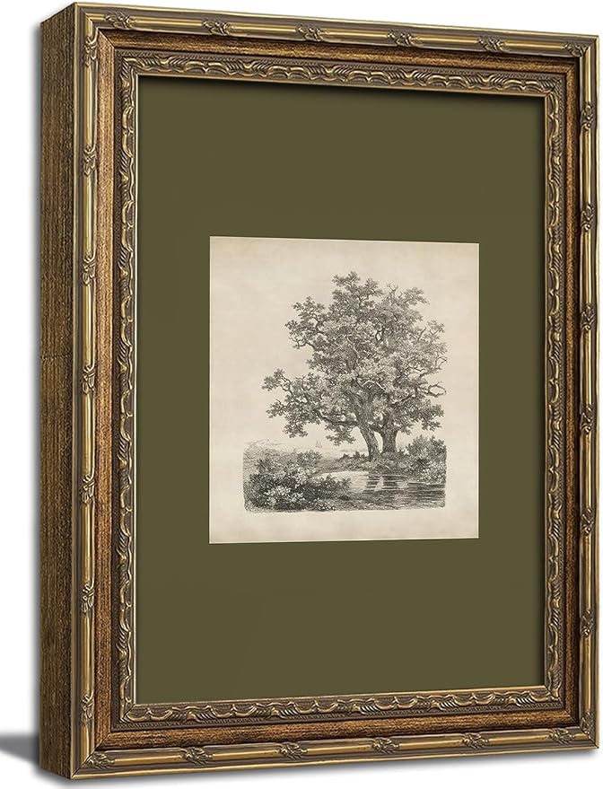 Gold Framed Wall Art Vintage Tree Sketch Wall Art Antique Oak Tree Forest Etching Wall Decor Picture Rustic Farmhouse Botanical Landscape Poster Print Gallery Artwork for Living Room Bedroom 12x16in