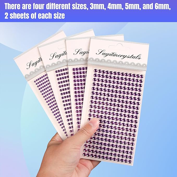 8 Sheets Rhinestone Stickers，3584 Pcs Gem Stickers for DIY Face Eyes Makeup Hair（Purple-3/4/5/6mm）