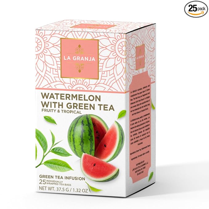 Life Plus Style Gourmet La Granja Watermelon Green Tea Hot or Iced 25 Individually Wrapped Herbal Green Tea Infusion Caffeinated Watermelon Tea Fruity Refreshing Beverage