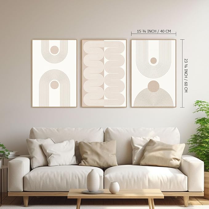 SAFERRYHOME Boho Neutral Abstract Beige Modern Wall Art Set of 3,16"x24" | Mid Century Neutral Framed Canvas Print Modern Wall Decor,Geometric Line Artwork for Living Room Bedroom Office,Ready to Hang