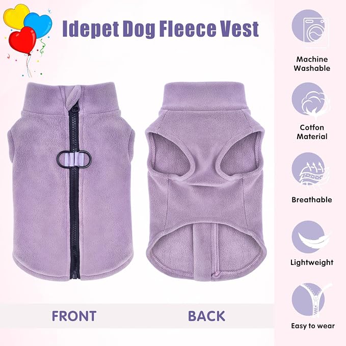 Idepet Dog Fleece Vest Sweater Zip Up Warm Pullover Dogs Jacket with D-Ring Leash Winter Cold Weater Coat Pet Sweatershirt Clothes Hoodie for Small Medium Dogs Boy Girl (Purple, M)