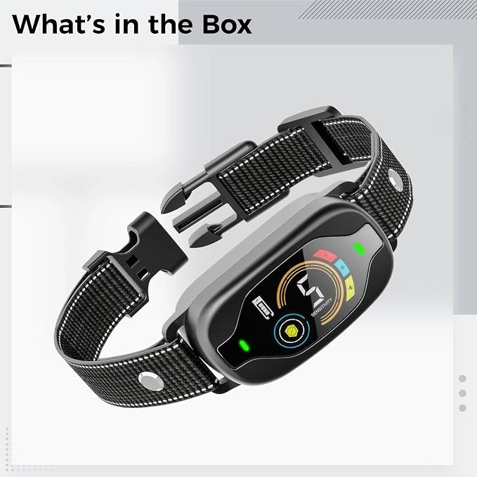 Rechargeable Smart Bark Collar with Color Display, 25 in / / 63.5 cm Reflective Nylon Strap, 5 Sensitivity Levels, Waterproof Anti Barking Device Dogs, Black