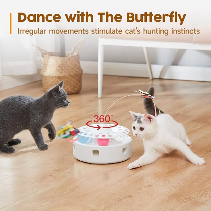 Potaroma Cat Toys 3in1 Automatic Interactive Kitten Toy, Fluttering Butterfly, Moving Feather, Track Balls, Dual Power Supplies, USB Powered, Indoor Exercise Kicker (Bright White) | Fluttering Butterfly, Moving Feather, Balls, Dual Power Supplies, USB ...