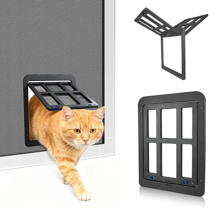 LESYPET Cat Screen Door, Inside Flap 10.3 x 8.3 Inches, Magnetic Self Closing, Cat Door for Screen Doors Sliding Doors, Flap Lockable, Black