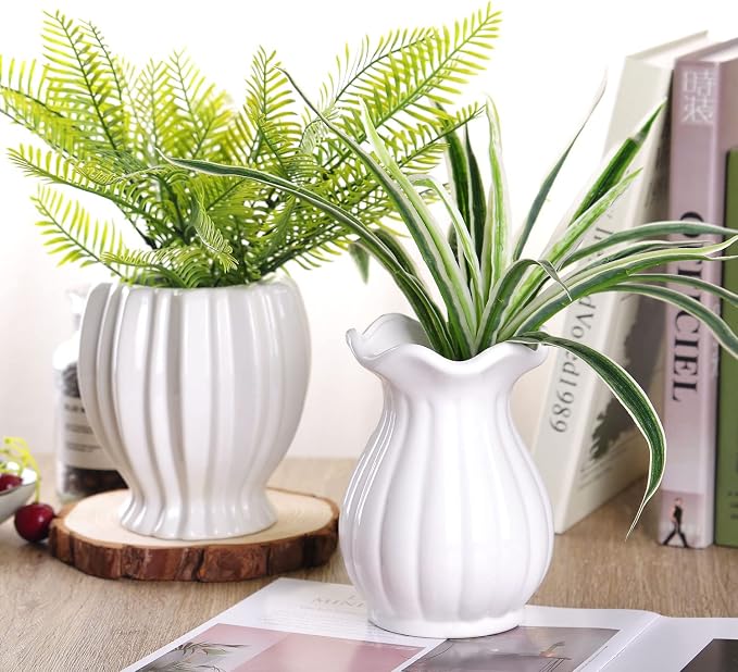 VanEnjoy 6 inch Modern Ribbed Design Small White Ceramic Decorative Tabletop Centerpiece Vase Flower Pot - White Spiral