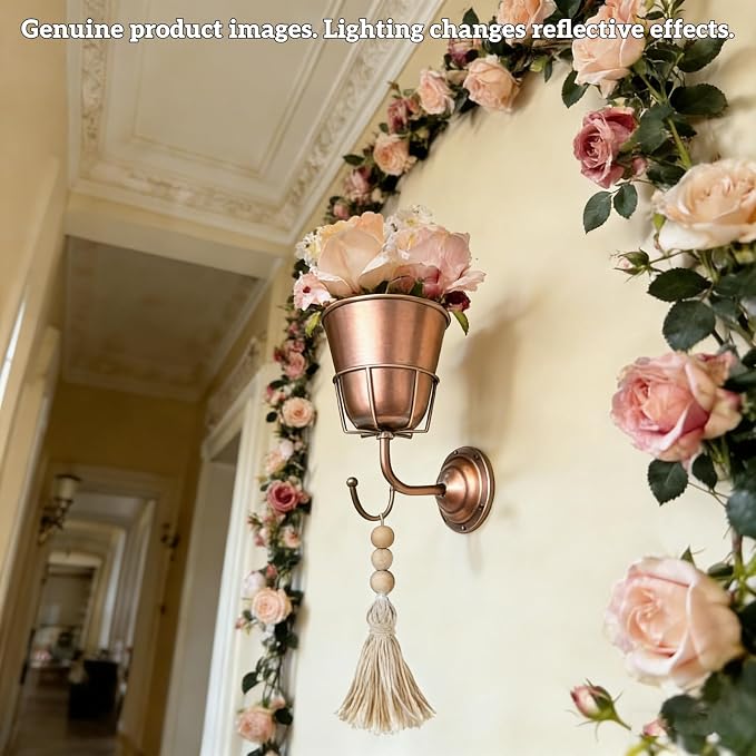 Metal Wall Vase for Flowers with Hook, Gold Wall Mounted Vase | pace-Saving Wall Flower Display with Built-In Hook