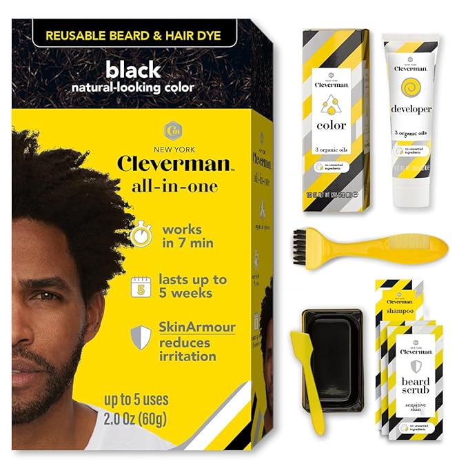 Reusable Hair & Beard Dye for Black Men – Black | Up to 5 Uses, 7 Minutes | Natural Gray Coverage, No-Drip Cream with SkinArmour® – Cleverman