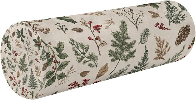 Beige Winter Holly Leaves Pine Needles Pinecones Neck Roll Pillow Bolster Round Health Memory Foam Long Cervical Cylinder Pillows with Removable Washable Cover for Body Bed Legs Back Yoga