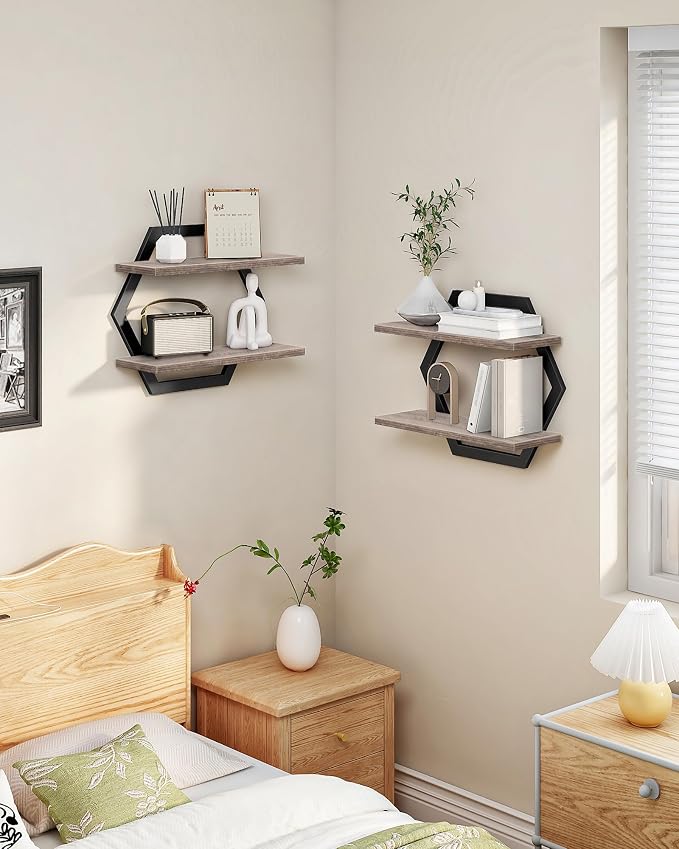 Hexagon Floating Shelves for Wall, Set of 2, 2 -Tier Hanging Shelves, Wall Mounted Storage Shelves, for Living Room, Bedroom, Kitchen, Home Office, Study, Greige TBJ06P2BG