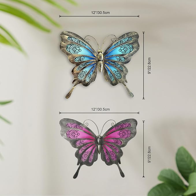 LIFFY Metal Butterfly Wall Decor,2Pack 12" Glass Butterfly Outdoor Wall Art Sculptures,Hanging Garden Decor Outside for Home,Yard,Fence,Patio