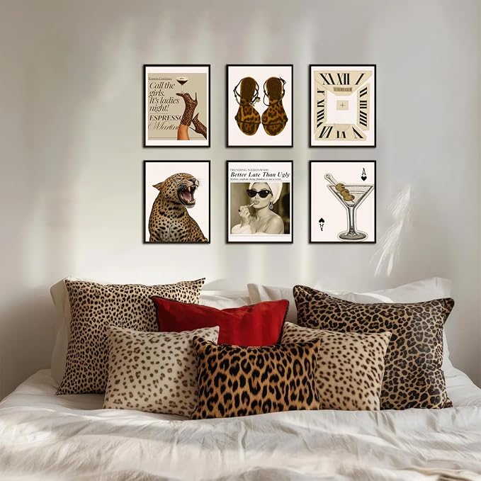 Mynotix Vintage Leopard Poster Set of 6, Trendy Cheetah Y2K Wall Art, Fashion Martini Wall Decor Preppy Girl Canvas Paintings Prints Artwork for Living Room Bedroom Dorm 8x10 inch Unframed
