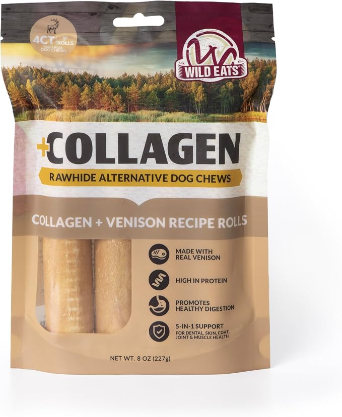 Wild Eats Venison Flavor Collagen Cheek Roll 5" Chew 4pk Pig Ear Substitute | Long lasting treats and bones for medium dogs, retriever style texture, 4 per bag, satisfies natural gnawing urges daily