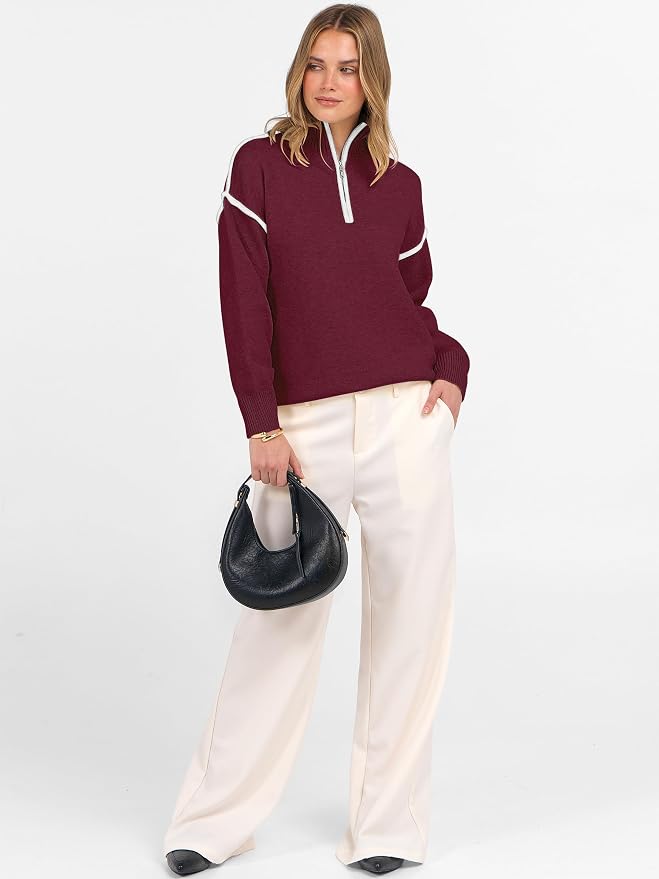 ANRABESS Womens Quarter Zip Sweaters Fall Long Sleeve V Neck Shirts Collared Business Casual Tops Knit Pullover Sweatshirts