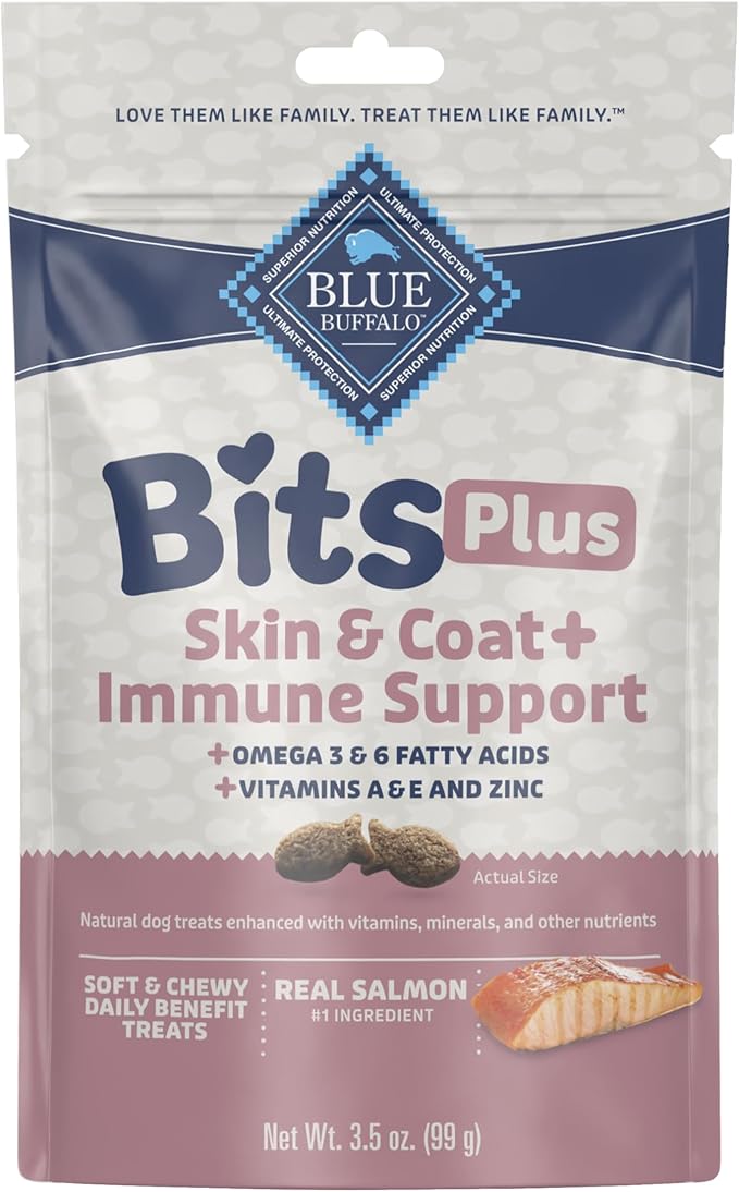 Blue Buffalo Bits Plus Salmon Dog Treats, 3.5 oz | Skin & Coat Health, Omega 3 & 6 Fatty Acids, Vitamin A, E & Zinc for Immune Support