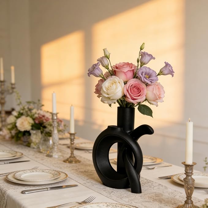 Assemble OK Ceramic Vase Set of 2 for Home Decor, Modern Boho Ins Style Matte Vase for Pampas Grass for Table Centerpiece, Living Room, Shelf, Mantle, Housewarming Gift (Black Vase)