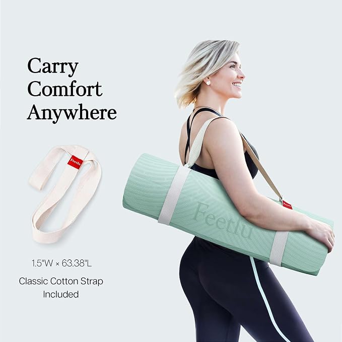 Extra Thick 12mm Exercise Mat – 74"L x 26"W Inch, Non-Slip, Joint-Friendly & Cushioned Fitness Mat for Yoga, Pilates & Floor Workouts – Durable, Supportive & Includes Feetlu Classic Strap