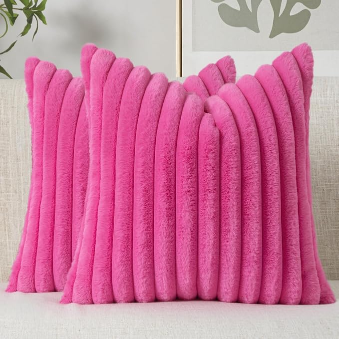 MIULEE Faux Fur Decorative Throw Pillow Covers 18x18 Set of 2 Hot Pink | Retro Vintage Boho Soft Plush Couch Pillows, Cozy Fluffy Cushion Covers for Sofa Bed Living Room Home Decor