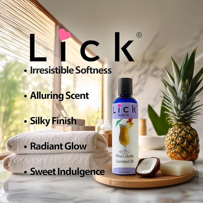 LICK Pina Colada Tropical Scented Body Oil for Daily Hydration – Lightweight Non-Greasy Formula with Almond Oil & Vitamin E – 4 oz