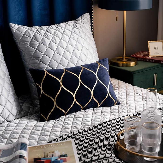 Gold Velvet Throw Pillow Covers Navy: 2 Pack 12x20 Inch Rectangular Decorative Pillow Cases for Bedroom Sofa Couch Living Room