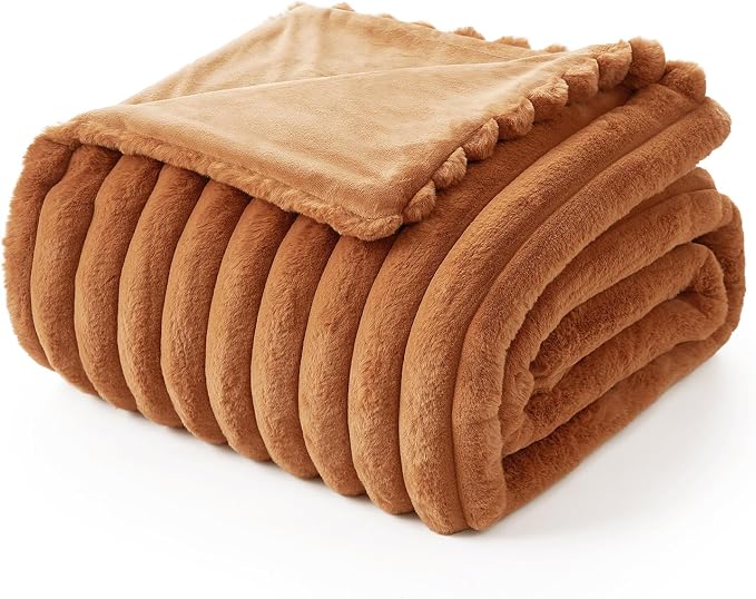 Faux Fur Throw Blanket for Couch, Cozy Fuzzy Fluffy Fur Luxurious Soft Striped Plush Gift Blankets for Family Sofa Chair Bedroom, 55"x70", Orange Brown