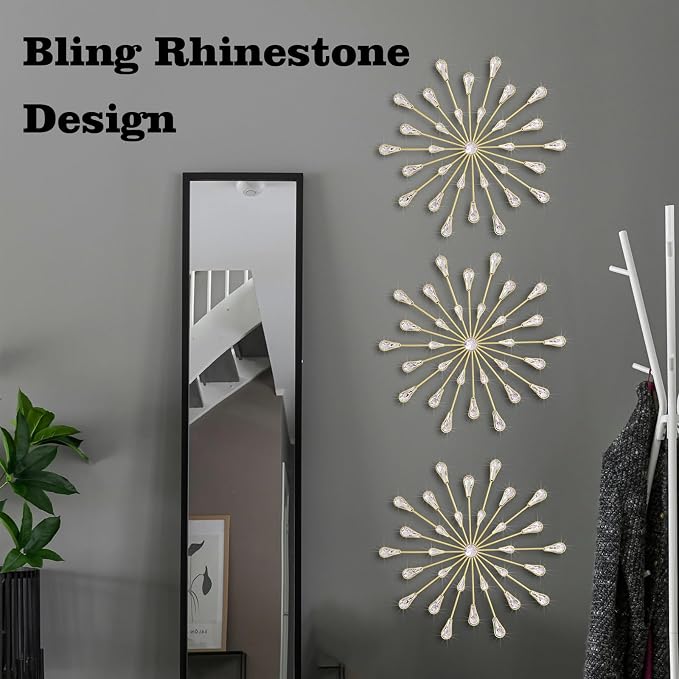 ZEXUIRU 3 Set Gold Starburst Wall Art for Home Decor Metal Bling Crystal Rhinestones Sunburst Wall Decor Sparkling Rhinestone Art Accent Gold - 13in
