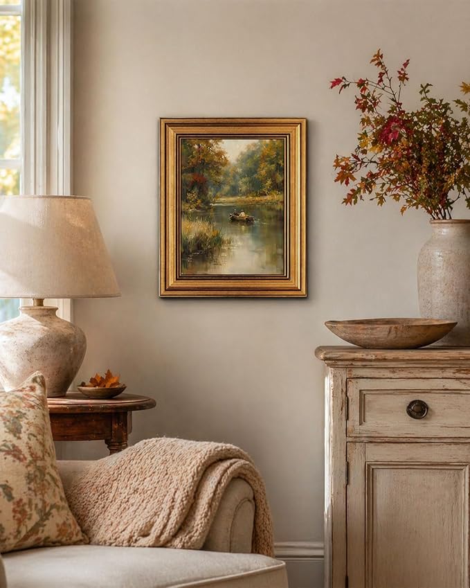 Gold Framed Wall Art, Country Fisherman Canvas Prints, Vintage Rowboat River Fall Landscape Picture Wall Decor, Rustic Farmhouse Cottagecore Artwork for Living Room Bedroom 12x16 inch
