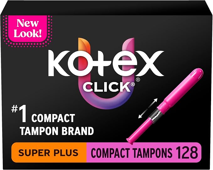 U by Kotex Click Compact Tampons, Super Plus Absorbency, Unscented, 128 Count (8 Packs of 16) (Packaging May Vary)