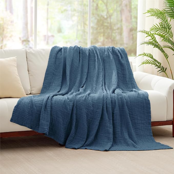 100% Cotton Throw Blanket 50" x 70" Dark Blue, 6 Layers Large Breathable and Lightweight Cotton Blanket for Bed and Couch, Soft Quilt Bedspread, Gauze Blanket for Adults All Season, Blue