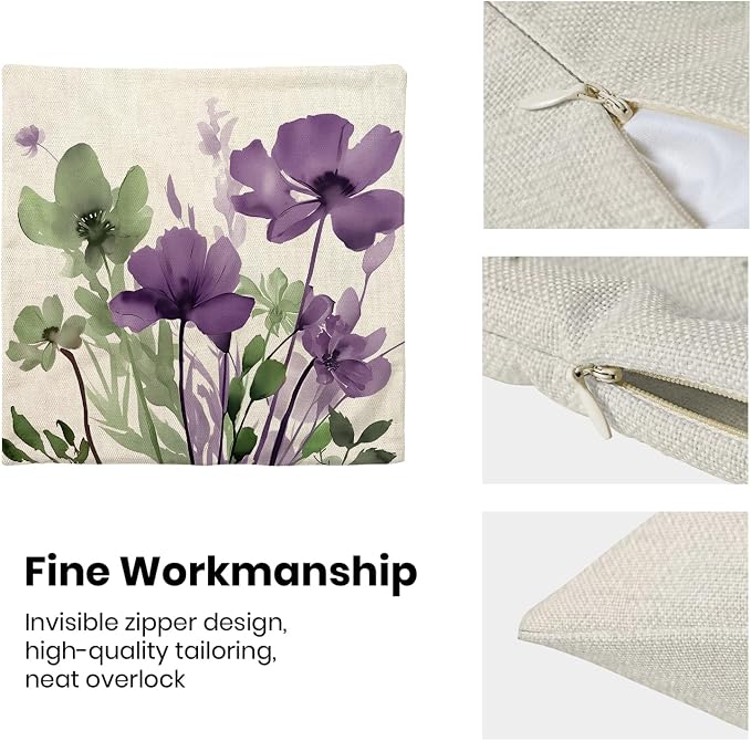 Spring Floral Pillow Covers 16x16 Inches Set of 2 Sage Green Purple Floral Throw Pillow Covers Outdoor Summer Flower Decoration Pillowcase Farmhouse Decorative Cushion Cover For Home Couch Sofa
