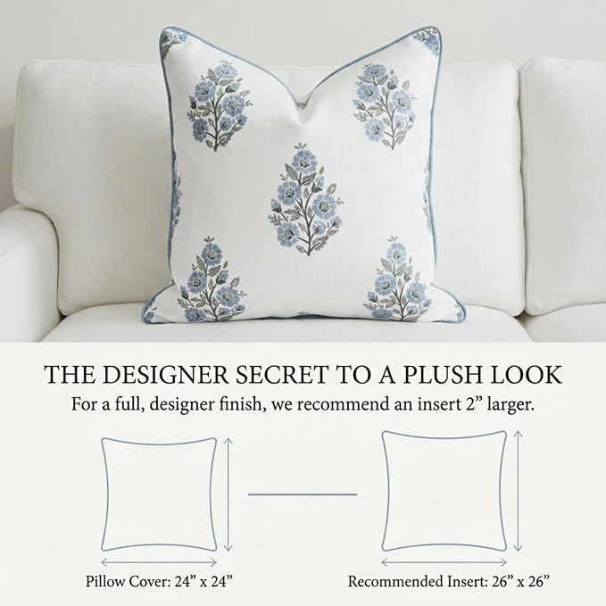 “The Camille” Decorative Pillow Cover – Blue & Whitel Floral Block Print Pillow Cover – Grandmillennial Home Decor, 24" x 24"