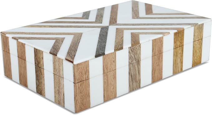 Handicrafts Home White Decorative Storage Box with Lid Wood Remote Control Box Coffee Table Storage Box Remote Holder for Living Room Decor – Resin Inlay Marquet Chevron Collection - 8x5x2