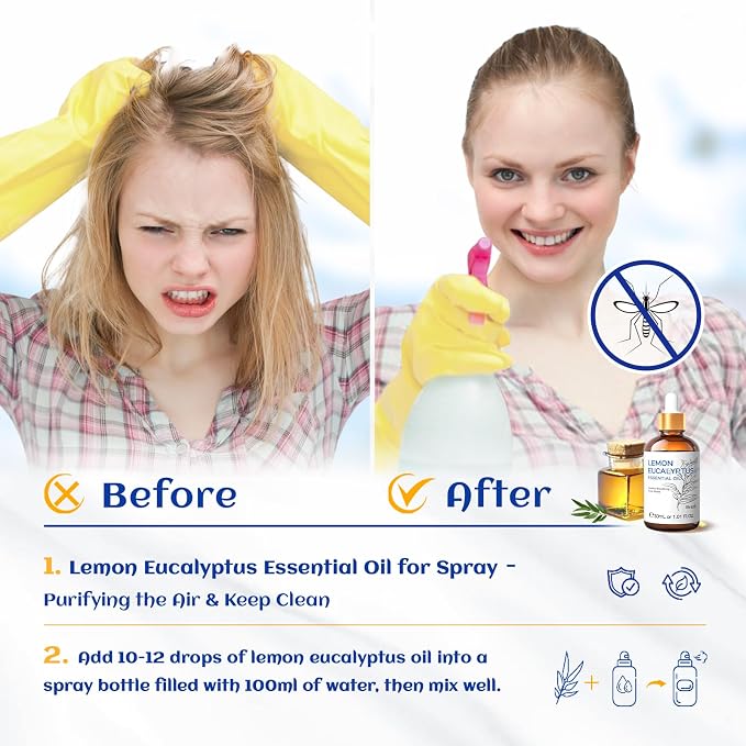 HIQILI Lemon Eucalyptus Essential Oil for Spray, Aromatherapy & Diffuser | Delivers Gentle Indoor & Outdoor Space Protection, Fresh Atmospheres & Household Odor Elimination -30mL / 1.01 fl oz