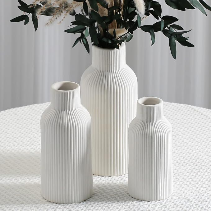 Bohemian White Ceramic Vase - for Pampas Grass, Mantel, Bookshelf, Entryway and Living Room Decor (White, Set of 3)