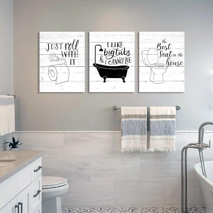 Funny Bathroom Canvas Wall Art Black and White Toilet Bathtub Bath Set Poster Print 3 Pieces Bathroom Quotes Painting Retro Wood Style Artwork for Restroom Farmhouse Bath Bathroom Decor 12"x16"(30x40cm)