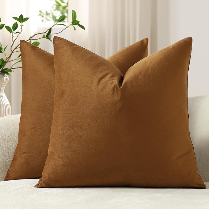 Throw Pillow Covers 16x16 Golden Brown: Pack of 2 Cozy Soft Velvet Square Modern Luxury Decorative Throw Pillow Cases for Sofa Couch Living Room Bed Home Decor