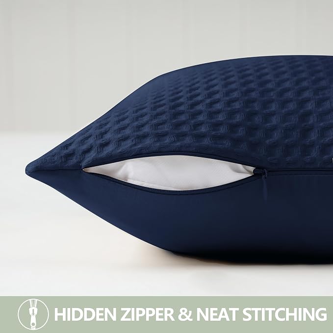 100% Egyptian Cotton 600 TC Waffle Weave Throw Pillow Covers 2 Pack | Ultra Soft Breathable Euro Pillow Shams Covers, Decorative Cushion Covers for Bed Couch Sofa Car, Navy Blue, 26" x 26"