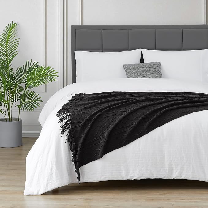 BOURINA Black Throw Blanket 50x60 Inch Boho Knitted Soft Throw Sofa Blanket | Knitted Throw Blanket 50x60 Inches, Soft Lightweight Boho Weave Throw Decorative Couch Blanket for Living Room Bedroom Chair