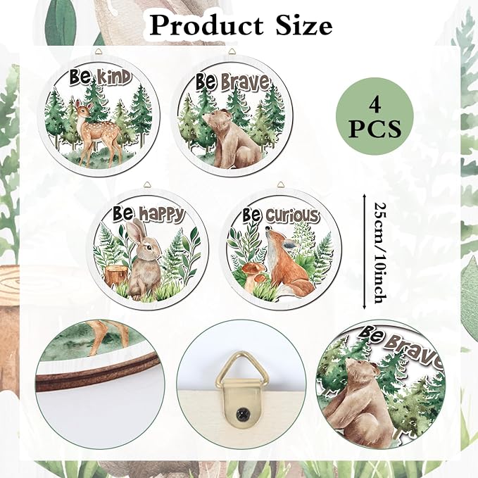 Woodland Nursery Wall Decor, Inspirational Girl Room Hanging Sign, 4 Pieces 10''x10'' Jungle Animals Wooden Decoration for Kids, Cartoon Fox Bear Art Sign for Teens Toddler Boy Baby Playroom