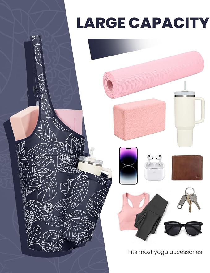 sportsnew Yoga Mat Bag for Women with Drawstring Pocket & Inner Pocket, Large Opening Yoga Mat Carrier for Quick Access, Adjustable Shoulder Strap, Fits 1/4" & 1/2" Thick Mats for Workout, Gym, Pilate