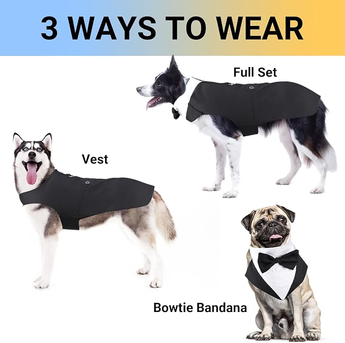 Segarty Dog Tuxedo and Bandanas Suit Formal Wedding Costume, Adjustable Pet Collar with Black Bow Tie, Detachable Dogs Shirt Bandanas Set for Extra Large Dog Prince Outfit Birthday Cosplay Attire