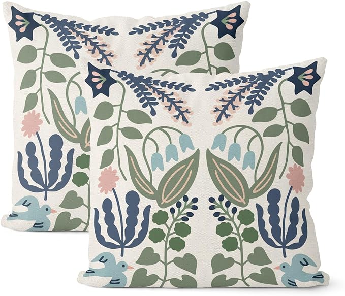 Boho Navy Blue Green Flower Pillow Covers 16x16 Inch Set of 2 Sage Green Floral Throw Pillows Vintage Flower Outdoor Pillowcase Linen Seasonal Decorations Farmhouse Cushion Case for Sofa Home