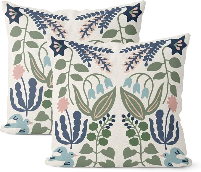 Boho Navy Blue Green Flower Pillow Covers 20x20 Inch Set of 2 Sage Green Floral Throw Pillows Vintage Flower Outdoor Pillowcase Linen Seasonal Decorations Farmhouse Cushion Case for Sofa Home