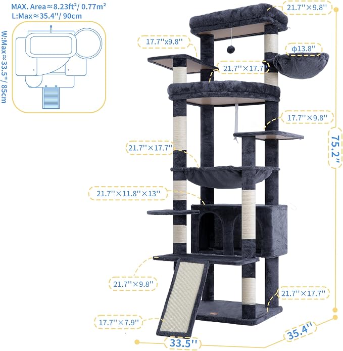 Heybly Tall Cat Tree for Large Cat, 80-inch Multi-Level Cat Tower HCT038G | Condo Furniture for Indoor Cats with Large Baseboard, 2 Widened Plush Perches, Scratching Board, Big Caves, Smoky Gray