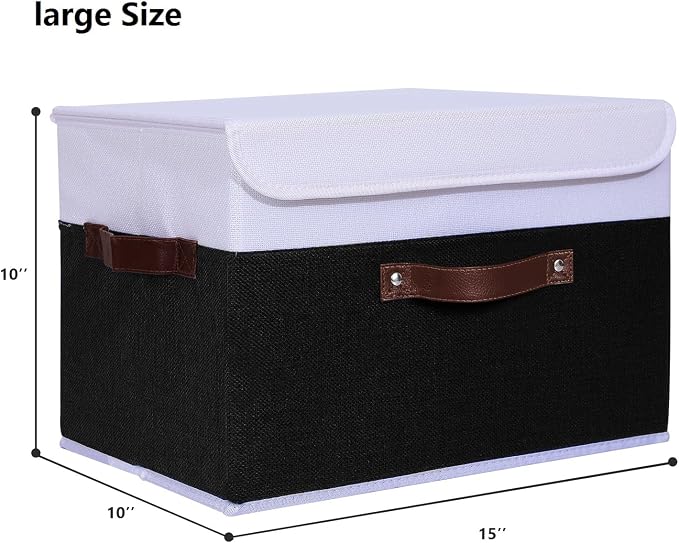 ANMINY Fabric Storage Box Bins with Lids, Black White, 15"x10"x10", 4 Pack | Keepsake Memory Storage, Cotton Linen, PP Board Reinforced, Washable, PU Handles, Foldable & Stackable, Decorative, Large