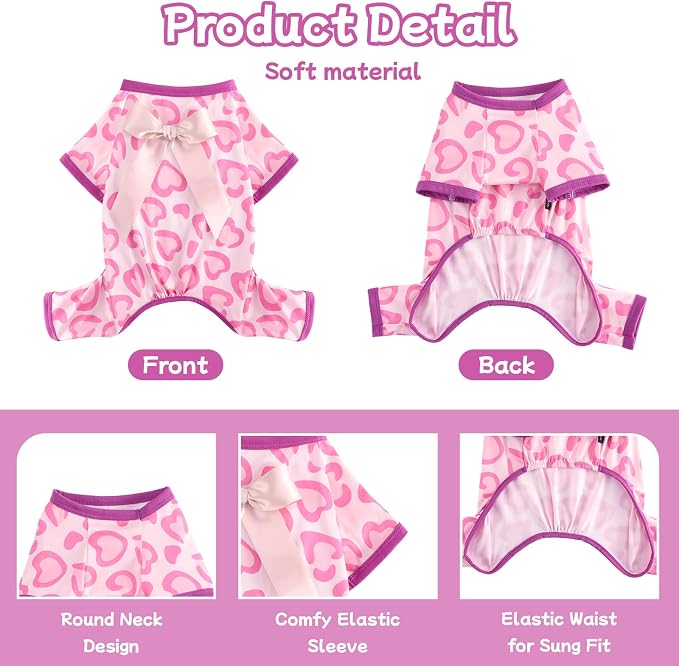 DaFuEn Dog Pajamas for Small Dogs - Soft Stretchy 4-Legged Puppy Onesie & Jumpsuit - Breathable Dog PJs Sleepwear Clothes for Yorkie, Chihuahua, Toy Poodle, Boy & Girl (Pink Heart,S)