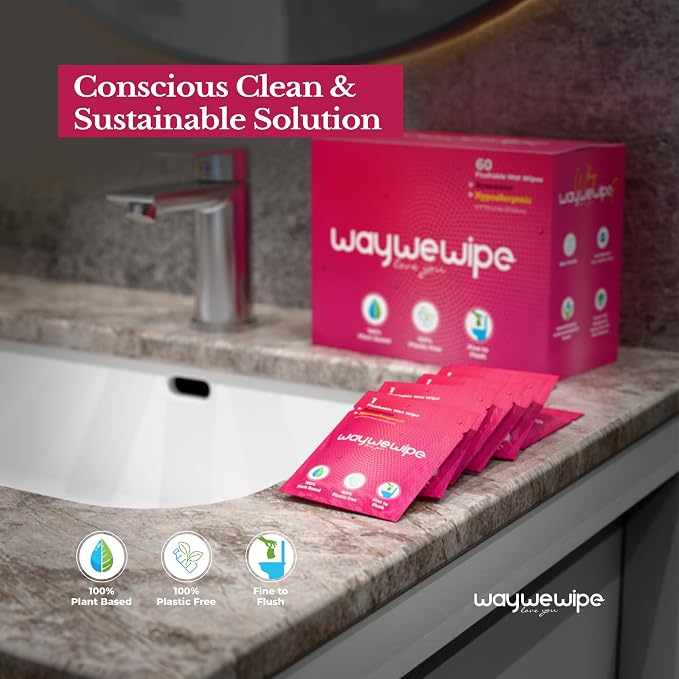 On-The-Go Flushable Feminine Wet Wipes, 60 Count XL Individually Wrapped Female Wipes, Hypoallergenic 100% Plant Based Septic Safe, Travel Size Adult Cleansing Cloth for Women, Rosewater