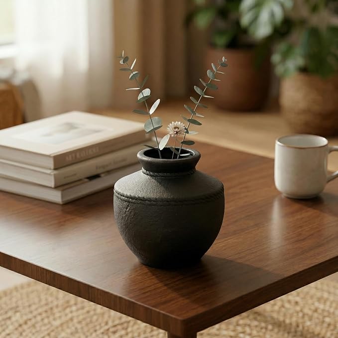 Black Ceramic Vase - 6 Inch Small Rustic Farmhouse Flower Vases for Home Decor Decorative Minimalist Vase for Centerpiece Coffee Table Bedroom Living Room Decor